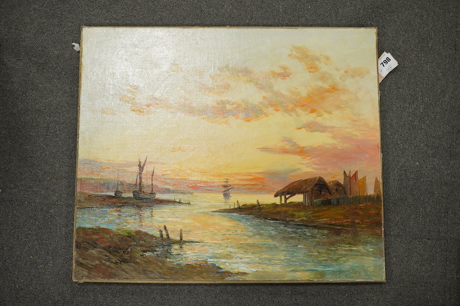 Continental school, oil on canvas, Estuary scene with ships, indistinctly signed, 51 x 60cm, unframed. Condition - good, re-lined